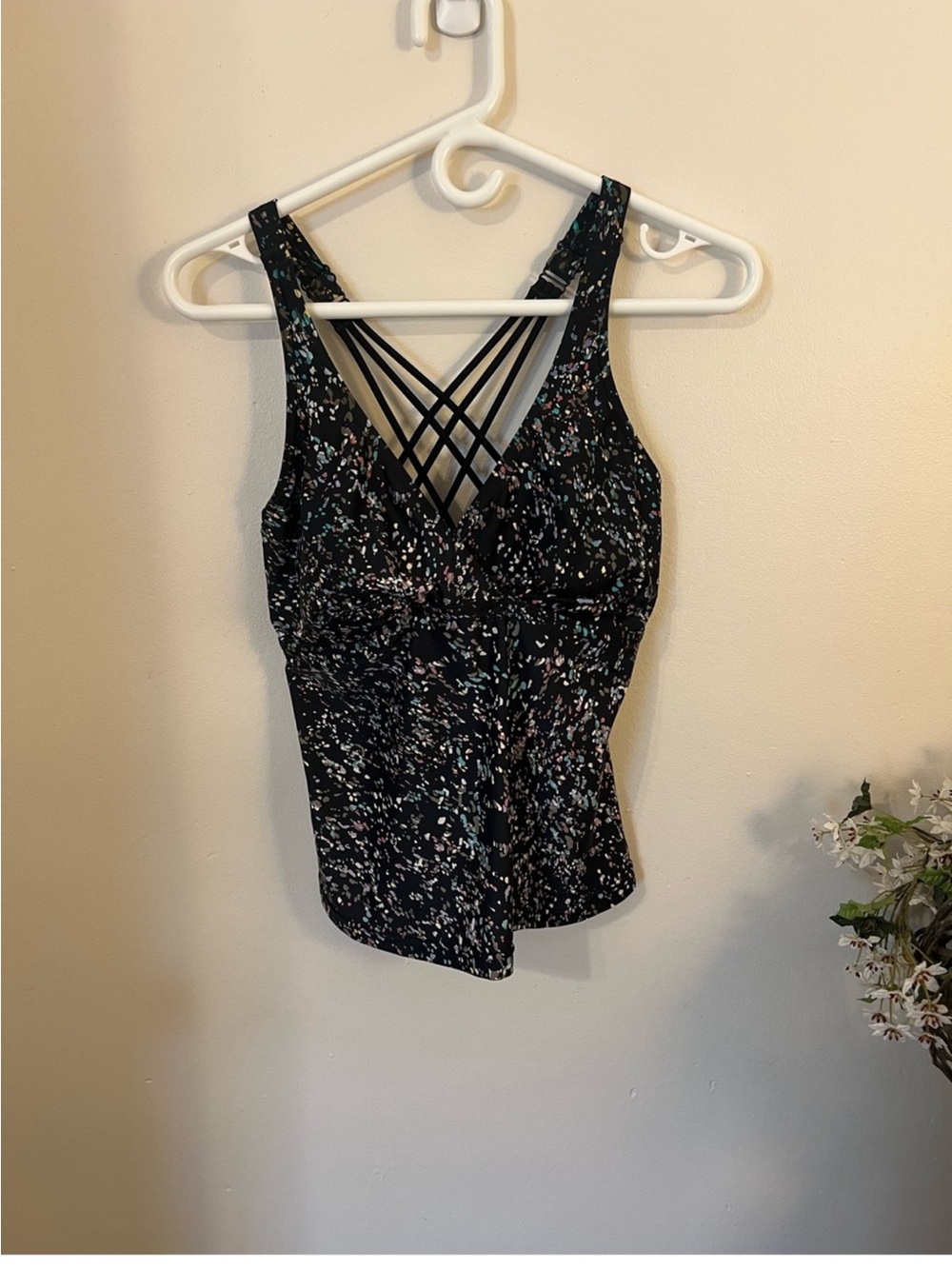 prAna Floral Strappy Tankini Swim Top 34D/S Black Multicolor